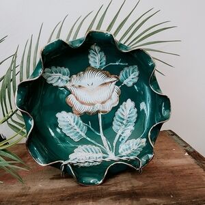 Vintage Italian Bowl Hand Painted Floral Design Scalloped Gold Edge Thistle Teal